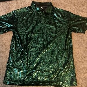 St Patrick’s day men’s medium green sequin disco party shirt 70’s 80’s